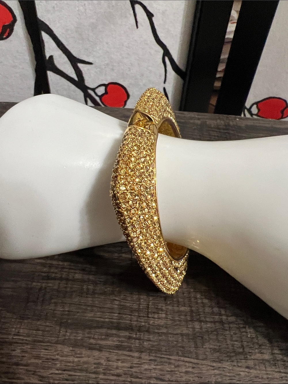 Gold Crystal Pavé Hinged Bangle Bracelet with magnet closure